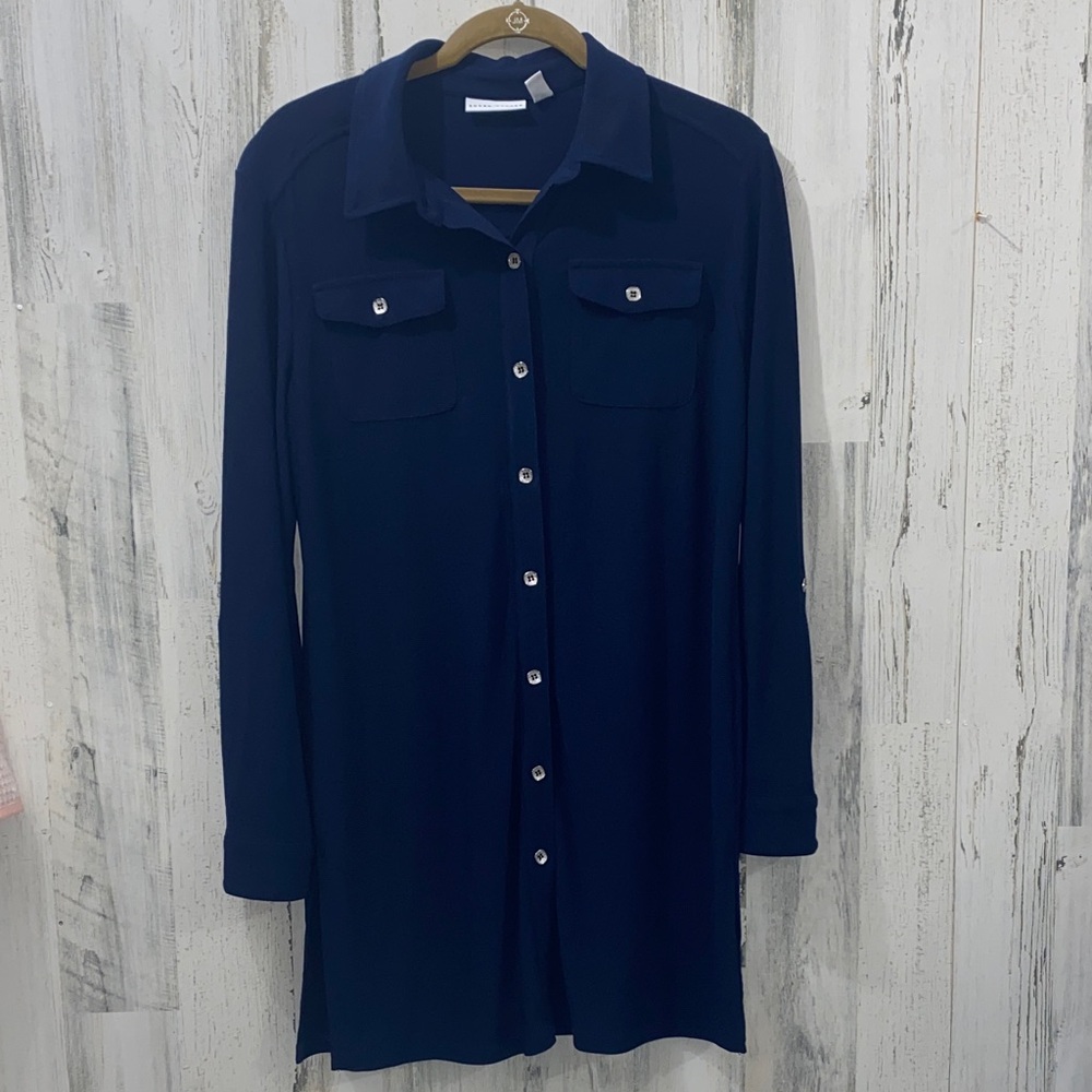 0305 Susan Graver Navy Blue Button-Up Shirt - Picture 1 of 5